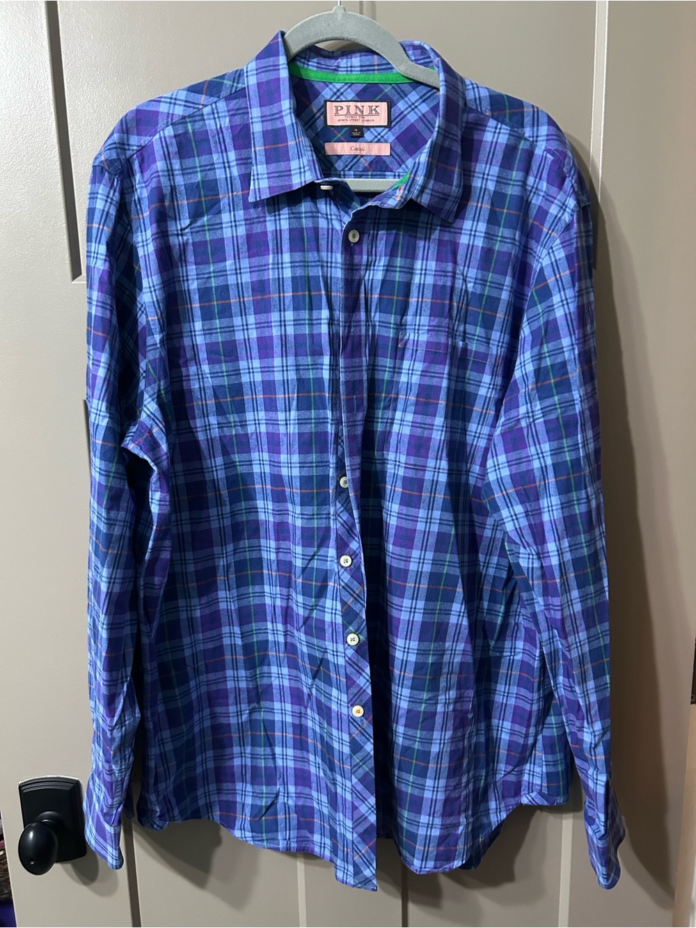 Thomas Pink Purple and Blue Plaid Button-Down Shirt Casual fit